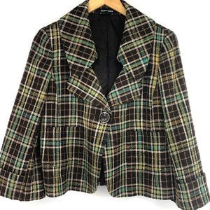 Womens Ellen Tracy Blazer Plaid Size 6 2128 EUC 100% Silk Tweed Crop Boxy Jacket